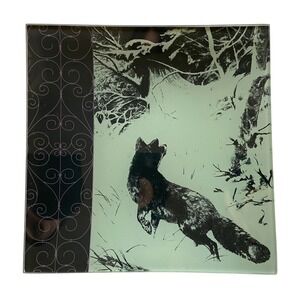 Anthropologie Black Thistle Fox Plate Glass Decorative Tray Winter Whimsical